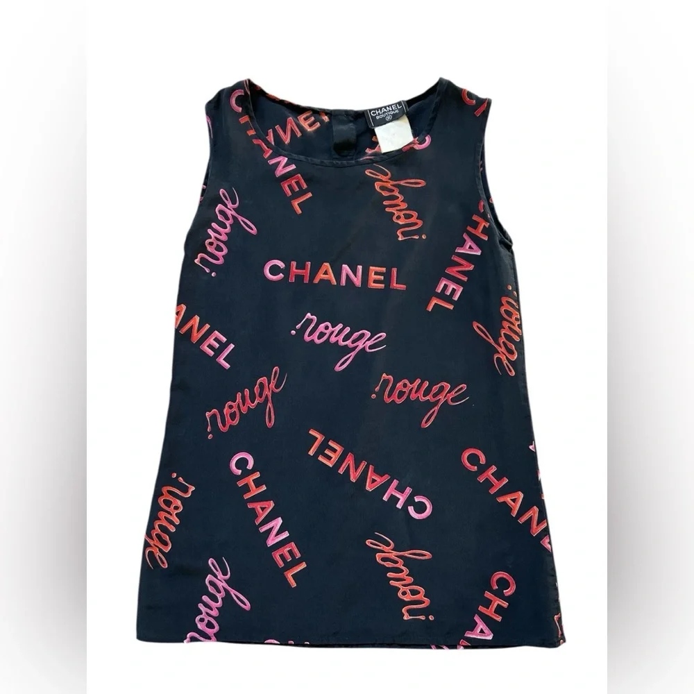Vintage Chanel Rouge Logo-Print Silk Tank Top - Spring/Summer 1996 Collection